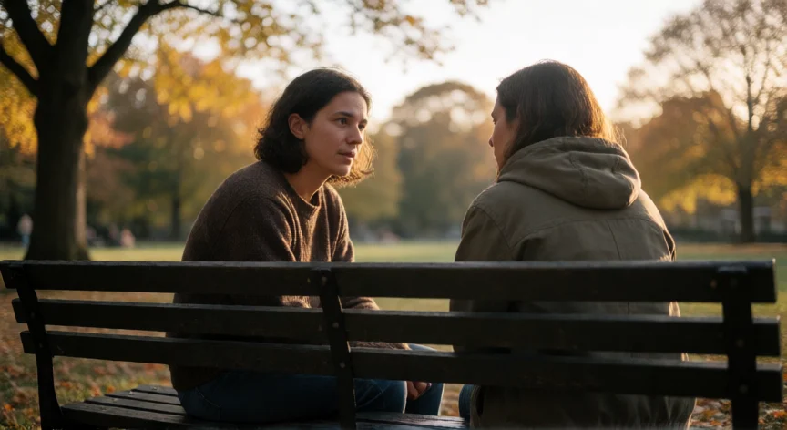 como ser mejor comunicador, Dos personas en conversación empática y atenta en un banco de parque al atardecer