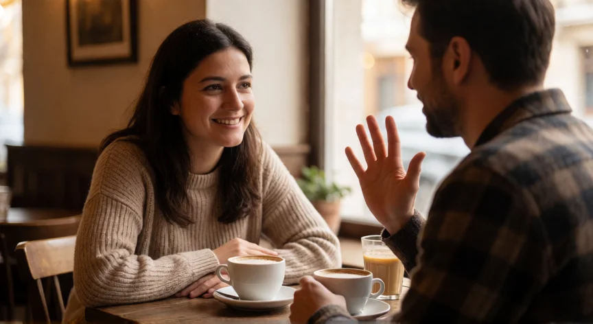 Dos personas en conversación activa y cálida en una cafetería