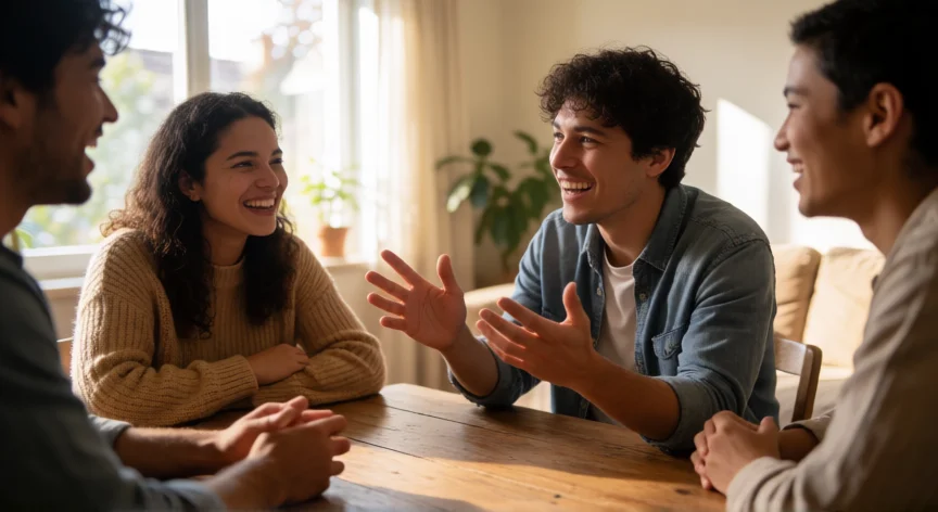 como ser mejor conversador, Grupo de amigos riendo y conversando en un salón luminoso