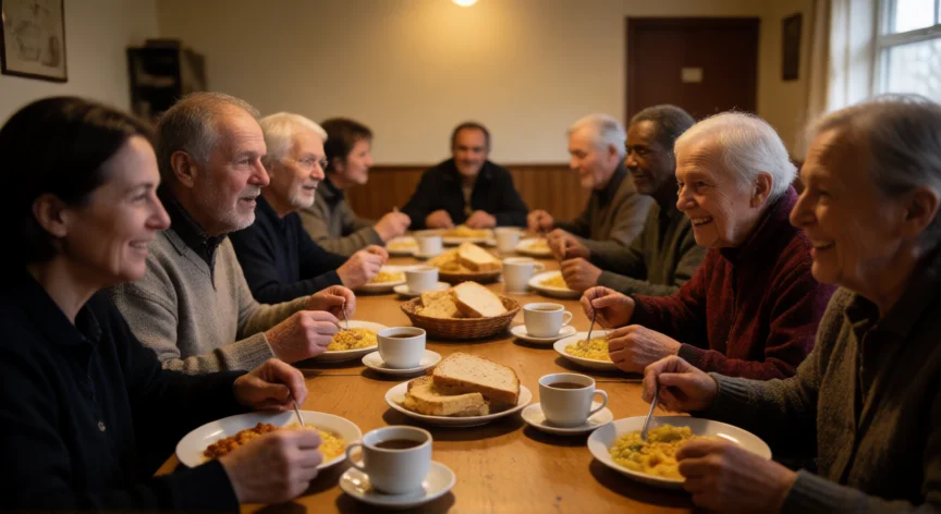 como ser mejor cristiano, Grupo de personas compartiendo una comida comunitaria en un salón parroquial