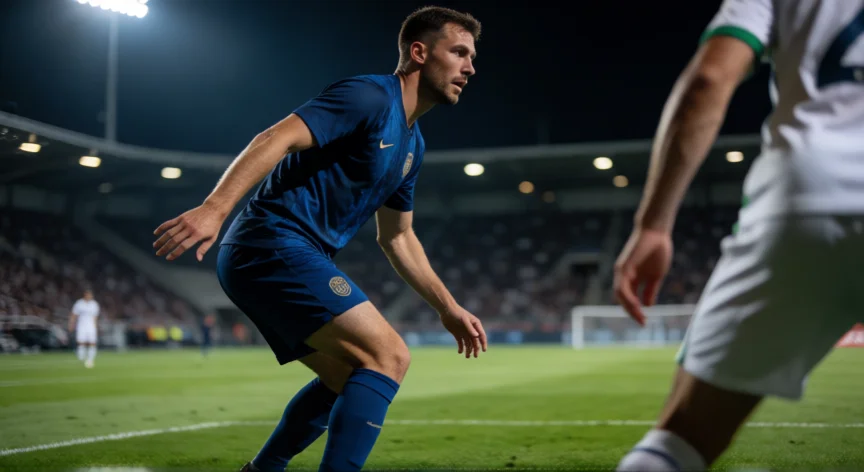 como ser mejor defensa, Defensa de fútbol en posición defensiva de perfil con brazos extendidos