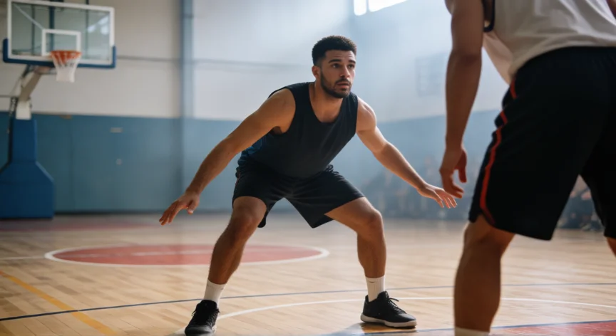 como ser mejor defensa en baloncesto, Jugador de baloncesto en posición defensiva baja con rodillas flexionadas