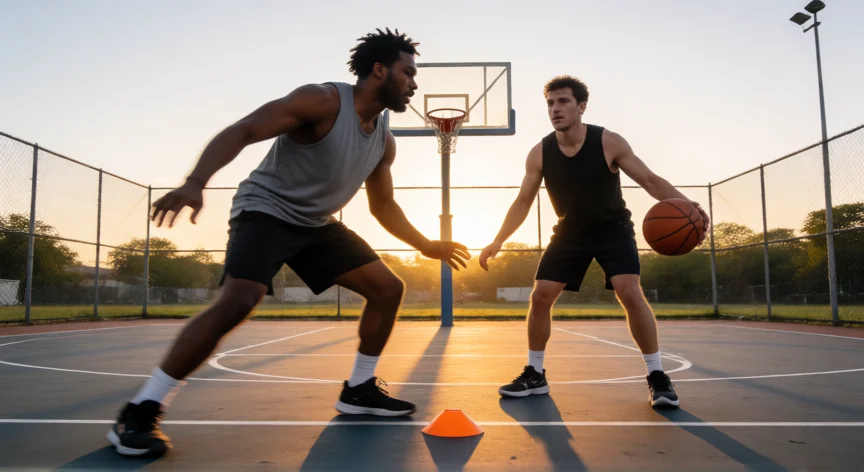 como ser mejor defensa en baloncesto, Ejercicio de defensa 1 contra 1 con cono en cancha exterior