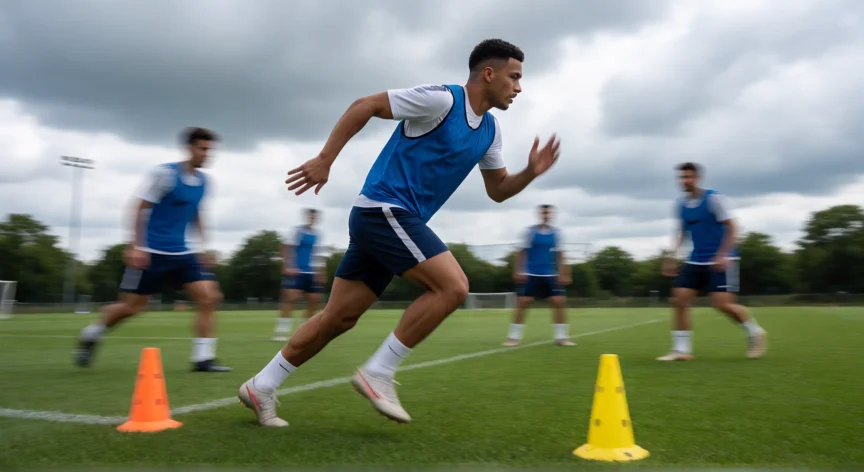 como ser mejor delantero en el futbol, Atacante realizando desmarque al espacio durante ejercicio táctico de entrenamiento