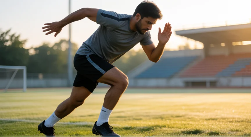como ser mejor deportista, Atleta realizando sprints de entrenamiento al amanecer en un campo de césped