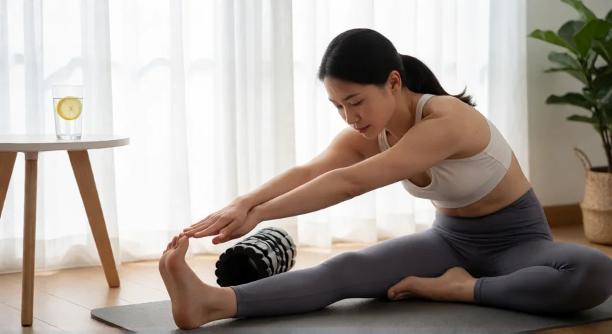 como ser mejor deportista, Deportista en sesión de estiramientos y recuperación activa tras el entrenamiento