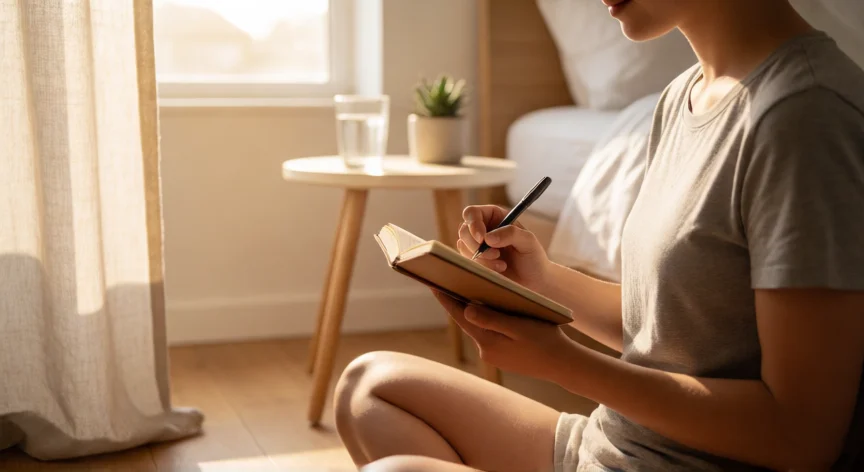 como ser mejor dia a dia, Persona escribiendo en un diario durante la mañana con luz natural