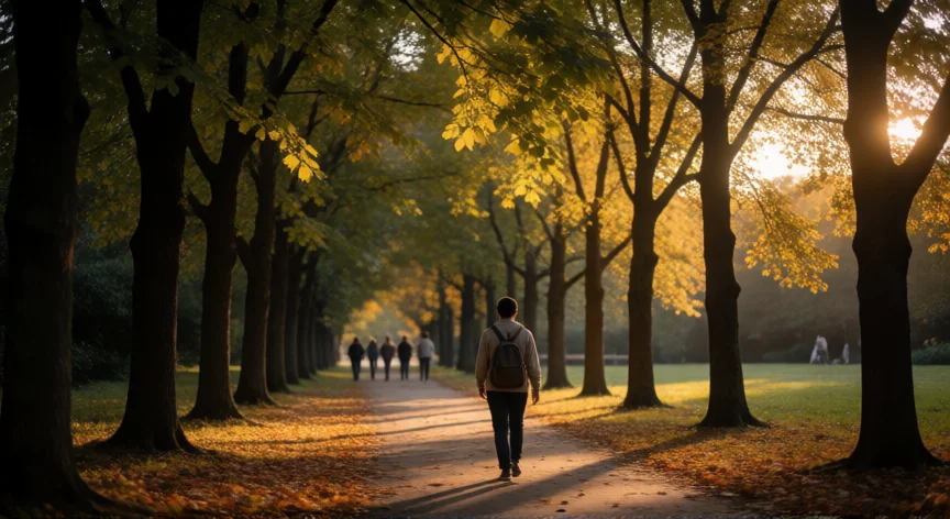 como ser mejor dia a dia, Persona caminando por un parque arbolado al atardecer