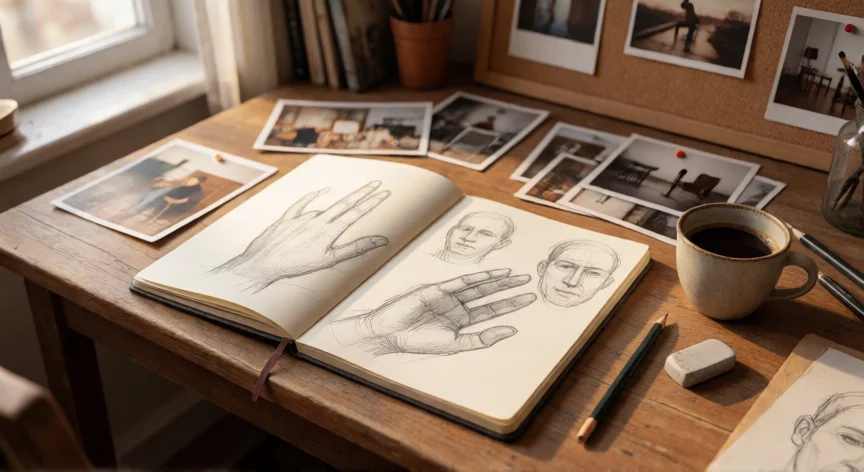 como ser mejor dibujante, Mesa de estudio con cuaderno de bocetos, lápices y fotografías de referencia para practicar dibujo