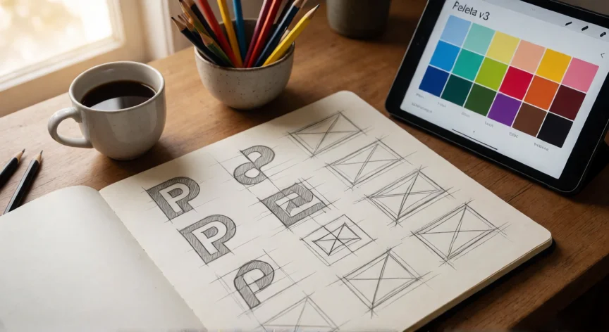 Mesa de trabajo de diseñador gráfico con bocetos en papel y tablet mostrando paleta de colores