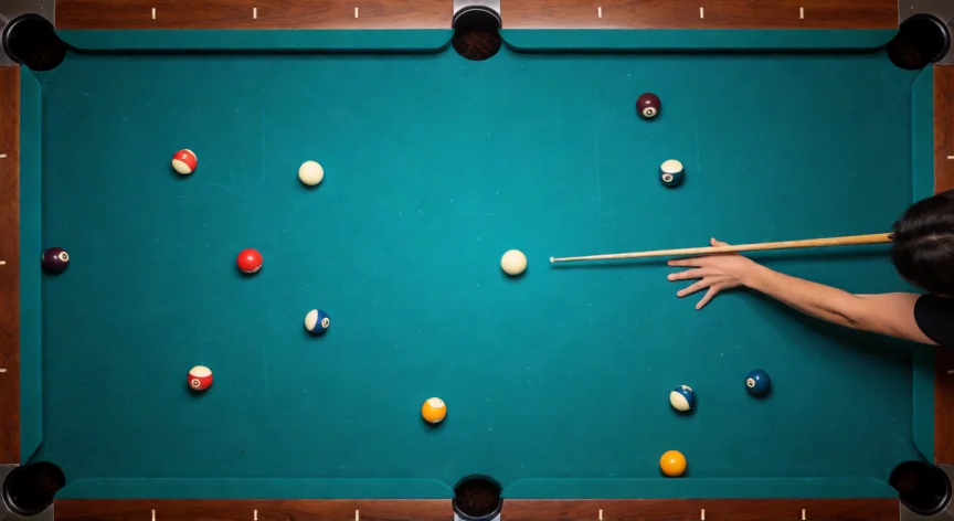 como ser mejor en 8 ball pool, Vista cenital de una partida de 8 ball pool en curso con bolas dispersas