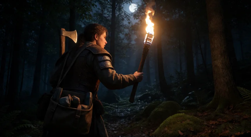 como ser mejor en 99 noches en el bosque, Explorador con antorcha en el bosque nocturno con equipo de supervivencia