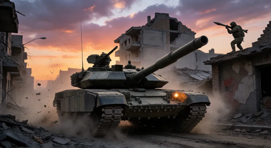 como ser mejor en battlefield 6, Tanque de guerra avanzando por calle urbana destruida con soldado antitanque en azotea