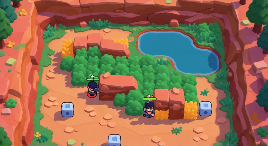 como ser mejor en brawl stars, Mapa de arena estilo Brawl Stars con arbustos, rocas y power cubes