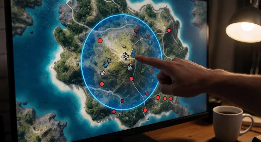 como ser mejor en call of duty warzone, Mapa táctico de Warzone en pantalla mostrando la rotación del gas y posiciones enemigas