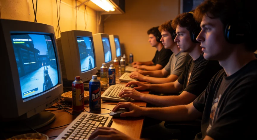 como ser mejor en counter strike 1.6, Grupo de jugadores en un LAN party jugando Counter-Strike 1.6 en equipos con monitores CRT