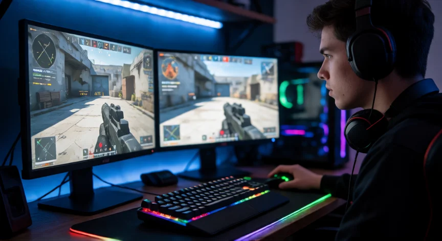 como ser mejor en counter strike 2, Jugador de Counter-Strike 2 practicando puntería en su setup de gaming