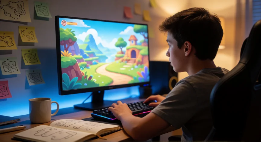 como ser mejor en dandys world, Jugador analizando mapas y rutas de Dandy's World en su escritorio