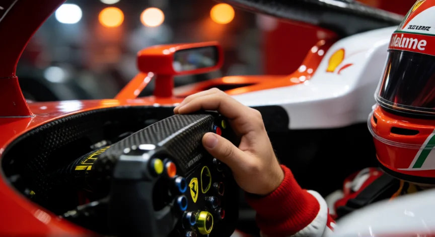 como ser mejor en f1 25, Manos de piloto en volante de F1 con detalles del cockpit y pedales