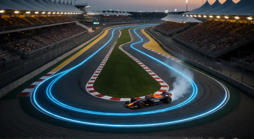 como ser mejor en f1 25, Vista aérea de monoplaza F1 en curva con línea de carrera iluminada al atardecer