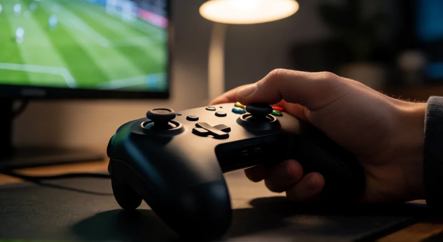 como ser mejor en fc 25, Manos sobre un mando de consola en una partida de fútbol virtual