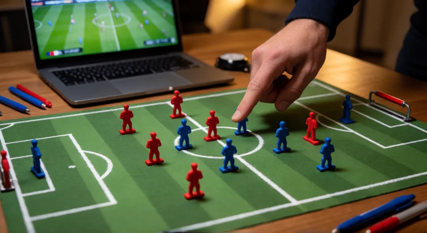 como ser mejor en fc 26, Pizarra táctica con fichas de jugadores analizando formaciones antes de una sesión de juego