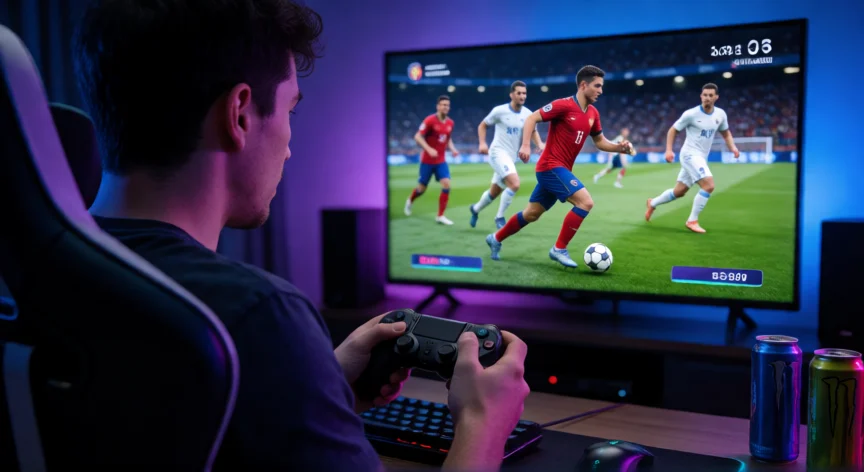 como ser mejor en fifa 25, Jugador practicando en EA Sports FC 25 con mando de PlayStation en su setup de gaming