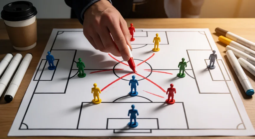 como ser mejor en fifa 26, Tablero táctico con formación 4-3-3 y flechas de pases en FIFA 26
