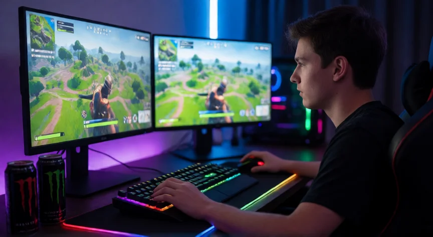 Jugador en su setup de gaming practicando Fortnite con iluminación RGB