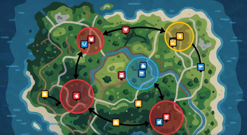 como ser mejor en free fire, Mapa táctico de Free Fire mostrando rotaciones y zonas de interés estratégicas