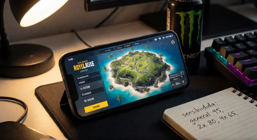 como ser mejor en free fire 2024, Móvil con Free Fire en el escritorio junto a notas de sensibilidad