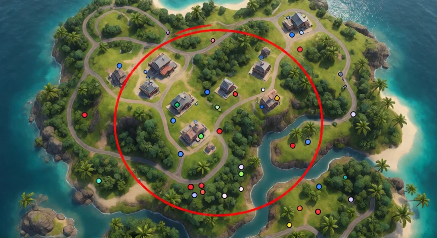 como ser mejor en free fire 2025, Vista aérea del mapa de Free Fire mostrando la zona segura y posiciones de jugadores