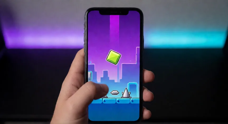 como ser mejor en geometry dash, Manos jugando Geometry Dash en un móvil con el cubo saltando sobre pinchos