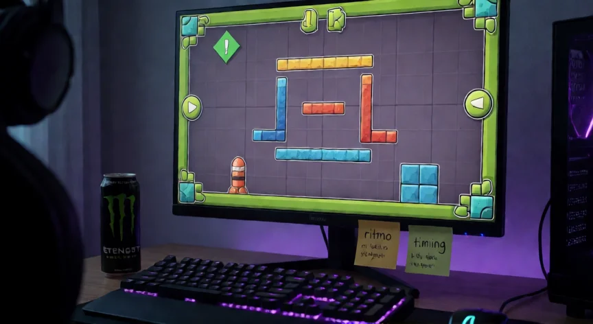 como ser mejor en geometry dash, Setup de gaming con el editor de Geometry Dash en pantalla y notas de práctica
