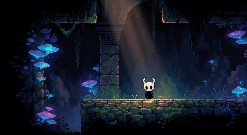 Caballero de Hollow Knight en una cueva con hongos bioluminiscentes