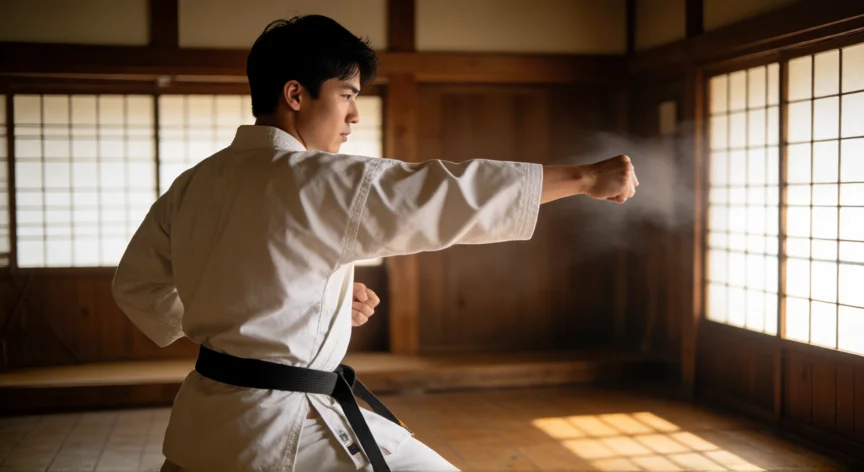 como ser mejor en karate, Karateca ejecutando un oi-zuki con rotación de cadera en un dojo tradicional japonés