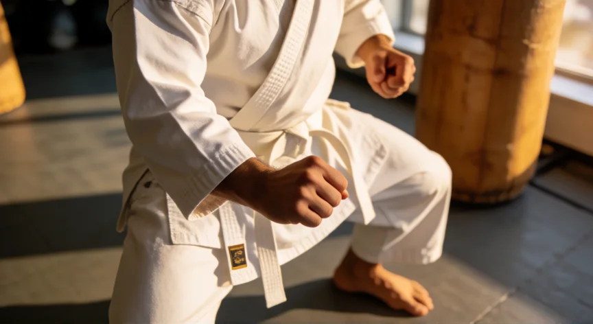 como ser mejor en karate, Postura zenkutsu-dachi con distribución de peso correcta durante entrenamiento de karate