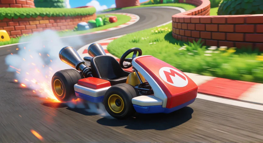 Kart en derrape con mini-turbo naranja girando en una curva de circuito Mario Kart