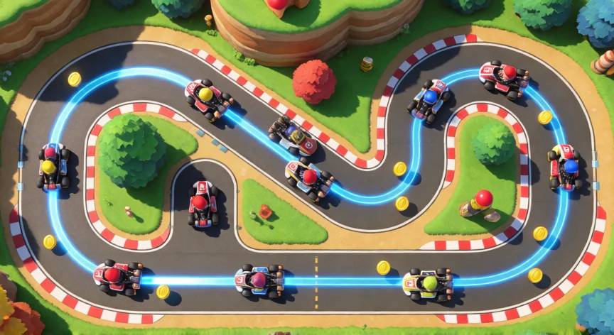 como ser mejor en mario kart, Vista cenital de un circuito Mario Kart mostrando la línea óptima de carrera