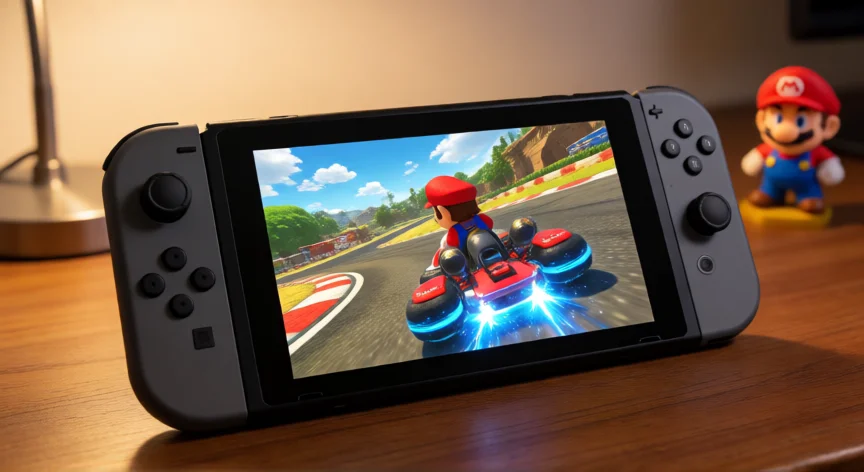 Nintendo Switch mostrando una partida de Mario Kart 8 con efecto de mini-turbo en una curva