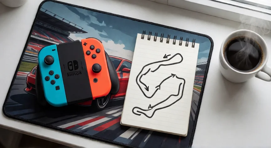 como ser mejor en mario kart 8, Setup de práctica para Mario Kart 8 con mapa de pista anotado y mandos de Nintendo Switch
