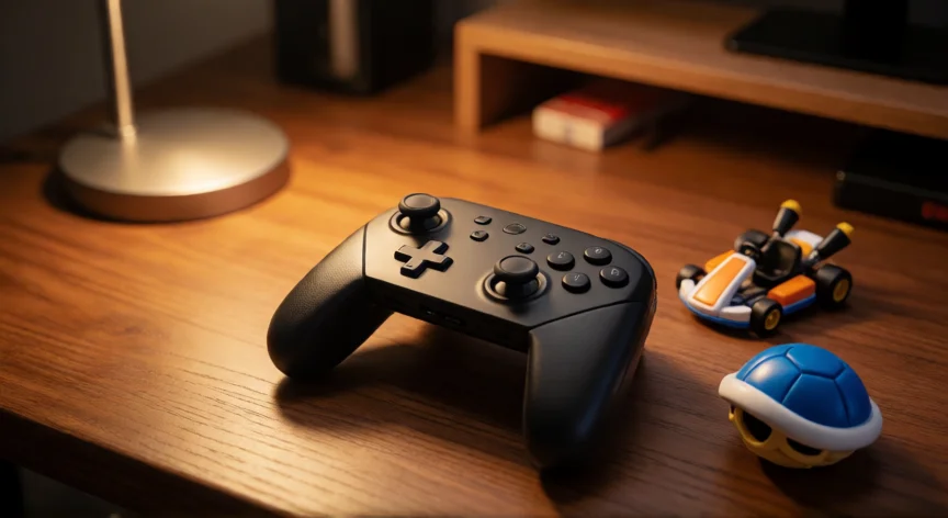 Mando de Nintendo Switch con accesorios temáticos de Mario Kart sobre un escritorio