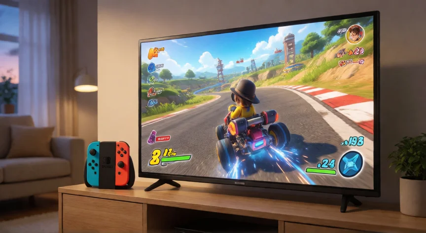 como ser mejor en mario kart 8 deluxe, Nintendo Switch mostrando Mario Kart en la tele con un jugador haciendo drift en pantalla