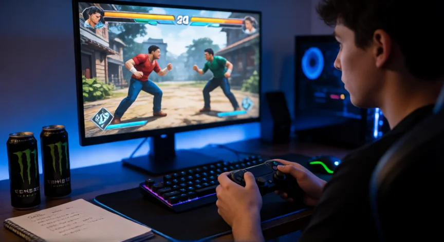 como ser mejor en mortal kombat 11, Jugador concentrado practicando Mortal Kombat 11 en su setup gaming