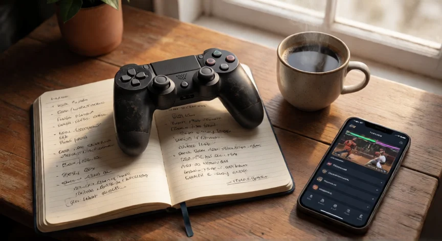 como ser mejor en mortal kombat 11, Nota de estrategia y mando de juego en una mesa de estudio