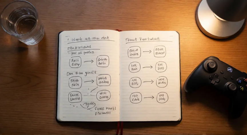 como ser mejor en mortal kombat, Cuaderno con notas de combos y estrategias de Mortal Kombat sobre un escritorio