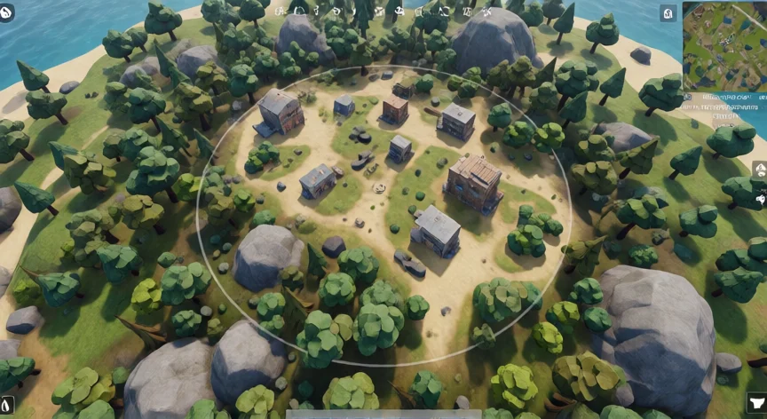 como ser mejor en rivals roblox, Vista táctica del mapa de Rivals Roblox con zonas de loot y círculo final
