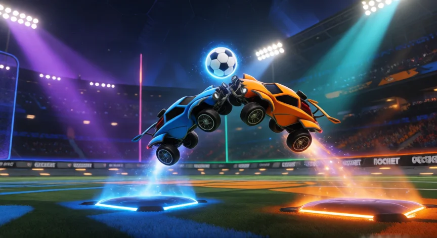 como ser mejor en rocket league, Dos coches futuristas en el aire haciendo un aéreo en una cancha de Rocket League de noche