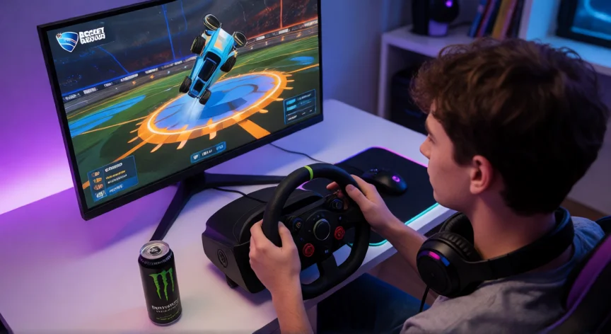 como ser mejor en rocket league, Gamer practicando flip resets en Rocket League con volante en su setup de gaming