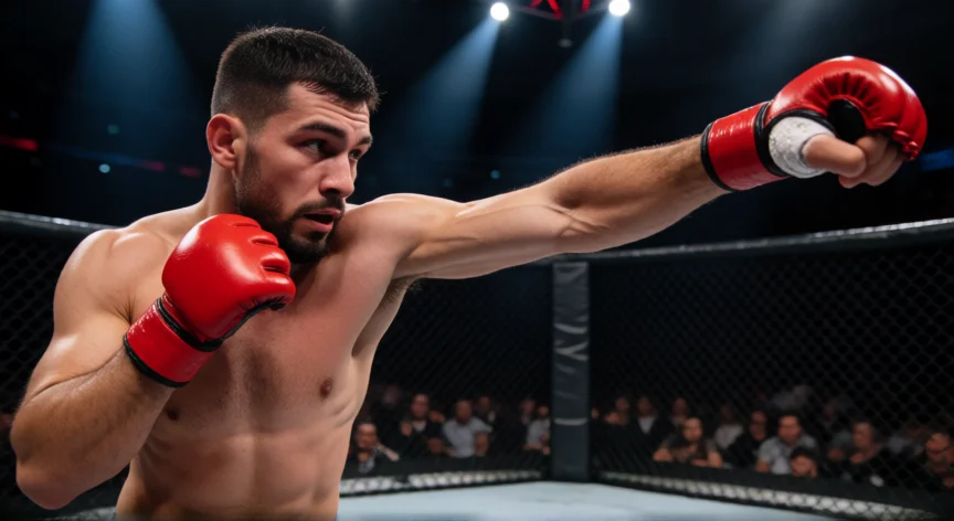 como ser mejor en ufc 5, Peleador de MMA lanzando un jab en el octágono con iluminación dramática